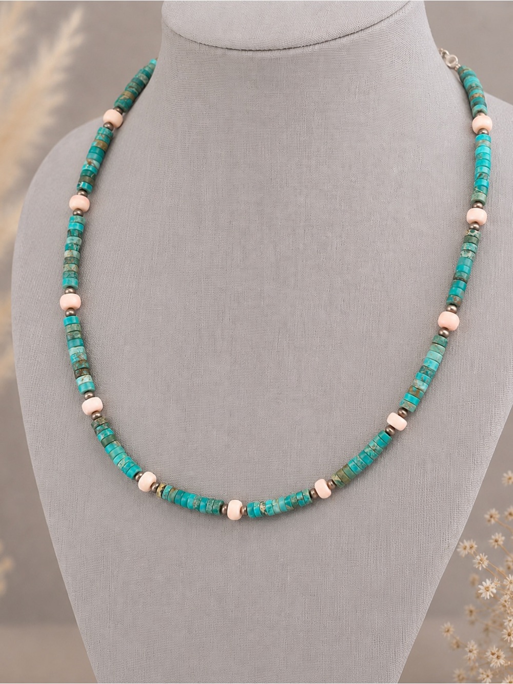 Natural Turquoise Rondelle Pink Conch 925 Sterling Silver Necklace NEW 17" #674